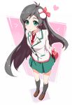  1girl akata_itsuki arms_behind_back black_hair blush green_eyes heart long_hair necktie school_uniform skirt solo 