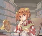  1girl apron bell book checkered frustrated glasses hair_bell hair_ornament hasebe_yuusaku japanese_clothes motoori_kosuzu phonograph red_eyes redhead short_hair sketch smile solo touhou twintails 