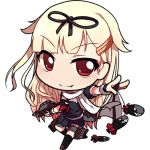  &gt;:) 1girl blonde_hair bow carillus chibi fang fingerless_gloves gloves hair_bow hair_ornament hair_ribbon hairclip kantai_collection looking_at_viewer lowres machinery red_eyes ribbon scarf school_uniform serafuku simple_background solo torpedo turret white_background yuudachi_(kantai_collection) 