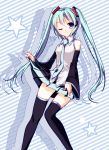  1girl ;) aaru aqua_hair black_legwear blue_eyes detached_sleeves hatsune_miku long_hair looking_at_viewer necktie one_eye_closed skirt smile solo star striped striped_background thigh-highs twintails vocaloid zettai_ryouiki 