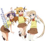  3girls :d ;d a-1_pictures antenna_hair blonde_hair blue_eyes blush bow brown_hair corona_timir fang green_eyes hair_bow hair_ribbon heterochromia jumping long_hair long_sleeves lyrical_nanoha mahou_shoujo_lyrical_nanoha_vivid multiple_girls one_eye_closed open_mouth payot purple_hair red_eyes ribbon rio_wezley sacred_heart shiny shiny_hair short_hair short_sleeves skirt smile sweater_vest twintails two_side_up v vivio 