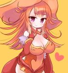  1girl bare_shoulders blush breasts cleavage covered_navel dress hat heart large_breasts long_hair lyra_(p&amp;d) marshmallow_mille no_nose orange_dress orange_hair puzzle_&amp;_dragons simple_background smile solo violet_eyes wizard_hat yellow_background 