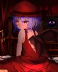  1girl absurdres alternate_costume backless_outfit bare_arms bare_shoulders bat_wings bed beholder chest_of_drawers curtains door dress facing_away from_behind frown hachidori_tou hat hat_ribbon highres indoors lavender_hair mob_cap on_bed picture_(object) red_dress red_eyes remilia_scarlet ribbon short_hair shoulder_blades sitting solo touhou transparent_wings wings 