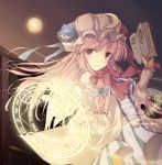  1girl album_cover book bookshelf capelet coat cover crescent dress grimoire hasuga_sea long_hair long_sleeves magic_circle mob_cap open_clothes open_coat patchouli_knowledge pink_eyes pink_hair solo striped striped_dress the_embodiment_of_scarlet_devil touhou very_long_hair 
