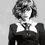 1girl character_request collared_shirt curly_hair hair_over_one_eye ilya_kuvshinov lips looking_at_viewer monochrome profile short_hair simple_background solo 