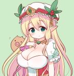  1girl blonde_hair blush breasts cleavage dress freyja_(p&amp;d) green_background green_eyes hair_tubes hat heart heart_necklace huge_breasts jewelry leaf long_hair looking_at_viewer marshmallow_mille mob_cap necklace no_nose pig pointy_ears puffy_short_sleeves puffy_sleeves puzzle_&amp;_dragons short_sleeves simple_background smile solo very_long_hair wristband 