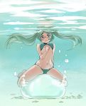  1girl blush glasses green_hair kubocha long_hair looking_at_viewer open_mouth original solo swimsuit twintails underwater 