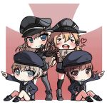  &gt;_&lt; 4girls :d bismarck_(kantai_collection) blue_eyes brown_eyes brown_hair carillus chibi hat heart kantai_collection light_brown_hair long_hair multiple_girls open_mouth paras peaked_cap pointing pokemon prinz_eugen_(kantai_collection) short_hair sitting smile translation_request twintails xd z1_leberecht_maass_(kantai_collection) z3_max_schultz_(kantai_collection) 