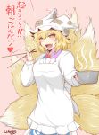  1girl apron blonde_hair casserole chopsticks cube85 fang fox_tail hat hat_with_ears highres kappougi multiple_tails open_mouth pot smile solo tail touhou yakumo_ran yellow_eyes 