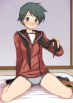  1girl black_eyes black_hair blush briefs kantai_collection kumadano mogami_(kantai_collection) school_uniform serafuku short_hair shorts shorts_around_one_leg sitting solo sweatdrop underwear undressing wariza 