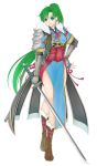  1girl armor boots breasts earrings fingerless_gloves fire_emblem fire_emblem:_kakusei fire_emblem:_rekka_no_ken fur_trim gloves green_eyes green_hair hand_on_hip high_ponytail highres jewelry katana long_hair lyndis_(fire_emblem) ponytail renka_(1680892) samurai_armor simple_background solo sword very_long_hair weapon white_background 