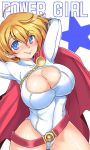  1girl arms_behind_head arms_up blonde_hair blue_eyes breasts cape cleavage cleavage_cutout dc_comics large_breasts looking_at_viewer power_girl short_hair simple_background smile solo star thighs white_background 