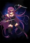  1girl blindfold boots breasts chain collar dagger elbow_gloves facial_mark fate/stay_night fate_(series) forehead_mark gloves highres long_hair purple_hair rider solo tauke thigh-highs thigh_boots very_long_hair weapon 