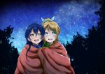  2girls ayase_eli blonde_hair blue_eyes blue_hair bow hair_bow lilylion26 love_live!_school_idol_project multiple_girls night night_sky open_mouth ponytail shared_blanket sky sonoda_umi star_(sky) starry_sky yellow_eyes 