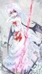  1girl alternate_costume bare_arms bare_shoulders bat bat_wings blood bloody_clothes blue_hair bridal_veil chain collarbone dress highres hoshibuchi looking_at_viewer red_eyes remilia_scarlet shaded_face silver_hair solo spear_the_gungnir strapless_dress touhou veil wedding_dress white_dress wings 
