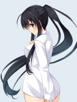  1girl asa_no_ha black_hair brown_eyes long_hair naked_shirt original ponytail sketch solo 