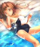 1girl beach brown_eyes brown_hair i-401_(kantai_collection) kantai_collection looking_at_viewer lying ocean on_back open_clothes open_shirt school_swimsuit school_uniform serafuku solo swimsuit swimsuit_under_clothes umagenzin 