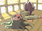  1girl breasts glasses green_hair kubocha long_hair lying on_back open_mouth scarf smile solo 