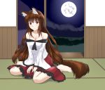  1girl absurdres animal_ears bare_shoulders barefoot breasts brooch brown_hair cleavage collarbone dress full_moon highres imaizumi_kagerou jewelry long_hair looking_at_viewer moon mountain nature open_mouth red_eyes sitting sky solo star star_(sky) starry_sky tail touhou v_arms wariza wolf_ears wolf_tail wujojin 