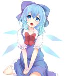  1girl blue_eyes blue_hair bow bowtie cirno collarbone dress hair_bow heart heart-shaped_pupils highres ice ice_wings looking_at_viewer looking_up negiko open_mouth puffy_short_sleeves puffy_sleeves short_sleeves simple_background sitting solo symbol-shaped_pupils touhou v_arms wariza white_background wings 