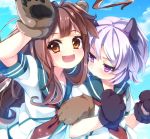  animal_ears brown_eyes brown_hair fang gloves kantai_collection kuma_(kantai_collection) locked_arms long_hair paw_gloves purple_hair satomachi short_hair smile tama_(kantai_collection) uniform violet_eyes 