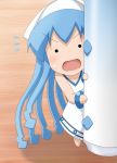  1girl blue_hair dress gandoru hat highres ikamusume long_hair mini-ikamusume open_mouth shinryaku!_ikamusume solo tentacle_hair 