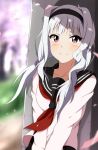  1girl cherry_blossoms hairband hitotsuki_nanoka idolmaster looking_at_viewer ribbon school_uniform shijou_takane smile white_hair 