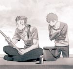  2boys emiya_shirou fate/hollow_ataraxia fate/stay_night fate_(series) fishing_rod greyscale lancer monochrome multiple_boys tam_(cuq) 