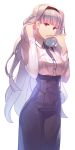  1girl adjusting_hair breasts chopsticks hairband highres idolmaster jandy large_breasts long_hair looking_at_viewer mouth_hold red_eyes shijou_takane silver_hair skirt solo white_background 