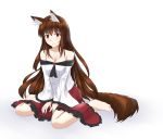  1girl absurdres animal_ears bare_shoulders barefoot breasts brooch brown_hair cleavage collarbone dress highres imaizumi_kagerou jewelry long_hair looking_at_viewer open_mouth red_eyes simple_background sitting solo tail touhou v_arms wariza white_background wolf_ears wolf_tail wujojin 