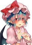  1girl bat_wings blue_hair blush bow brooch bust dress fang hat hat_bow highres hijiri-ssh jewelry looking_at_viewer mob_cap open_mouth pink_dress pointy_ears puffy_short_sleeves puffy_sleeves red_eyes remilia_scarlet short_sleeves slit_pupils solo touhou wings wrist_cuffs 