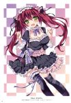  1girl :d absurdres anapom black_legwear breasts cleavage dress fang frilled_dress frilled_legwear frills green_eyes hairband highres lolita_fashion lolita_hairband long_sleeves mismatched_legwear open_mouth redhead smile thigh-highs twintails 