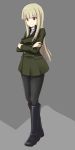  1girl a9b_(louis814) black_boots black_legwear blonde_hair boots brown_eyes crossed_arms full_body grete_m_gollob highres long_hair long_sleeves military military_uniform pantyhose smile solo strike_witches two-tone_background uniform 