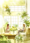  2girls closed_eyes light_rays looking_at_another multiple_girls open_mouth original plant potted_plant psd reading sitting table tagme window 