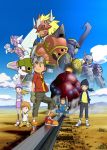  1girl 4boys agnimon blitzmon blue_jumpsuit chackmon digimon digimon_frontier fairimon goggles_on_hat himi_tomoki kanbara_takuya minamoto_kouji multiple_boys official_art orimoto_izumi poster shibayama_junpei trailmon_(worm) wolfmon 