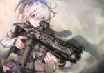  1girl angled_foregrip ar-15 assault_rifle cigarette gun load_bearing_vest looking_away original ponytail rifle scope solo terabyte_(rook777) trigger_discipline watch weapon 