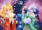  2girls absurdres alternate_costume bat_wings blonde_hair blue_hair bouquet cherry_blossoms flandre_scarlet floral_print flower flower_wreath full_moon hair_flower hair_ornament hair_over_one_eye hair_ribbon highres holding holding_flower japanese_clothes kimono lake lips looking_up moon multiple_girls night night_sky nomi_mochigome nose obi parted_lips petals red_eyes remilia_scarlet ribbon sash siblings side_ponytail sisters sky smile standing teeth touhou very_long_sleeves water wide_sleeves wind wings 