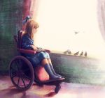  1girl alps_no_shoujo_heidi artist_name bird blonde_hair blue_bow blue_dress blue_legwear book bow curtains dress full_body hair_bow highres klara_sesemann kneehighs open_book profile signature sitting socha_(pixiv99744) solo wheelchair window 