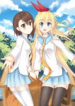  2girls black_legwear blonde_hair blue_eyes blue_sky blush bridge brown_eyes brown_hair brown_legwear chrisandita kirisaki_chitoge long_hair looking_at_viewer multiple_girls nisekoi onodera_kosaki open_mouth red_ribbon ribbon river school_uniform serafuku short_hair skirt sky very_long_hair 