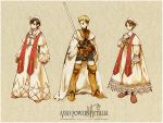  3boys ahoge axis_powers_hetalia blonde_hair boots brown_eyes brown_hair cape copyright_name cross derivative_work germany_(hetalia) gloves hat kobutabancho male_focus multiple_boys northern_italy_(hetalia) parody priest robe southern_italy_(hetalia) stole style_parody sword weapon 