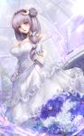  1girl bare_shoulders book breasts cleavage crescent_hair_ornament dress elbow_gloves flower frilled_dress frills gloves hair_ornament highres holding hoshibuchi large_breasts long_dress long_hair patchouli_knowledge purple_hair solo touhou violet_eyes wedding_dress 