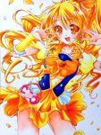  1girl blonde_hair blush cure_honey earrings hair_ornament happinesscharge_precure! haruhiko_pearl jewelry long_hair magical_girl oomori_yuuko open_mouth ponytail precure puffy_short_sleeves puffy_sleeves short_sleeves skirt smile solo traditional_media wrist_cuffs yellow_eyes 