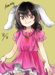  1girl animal_ears artist_name black_hair carrot carrot_necklace dated dress highres inaba_tewi rabbit_ears red_eyes rosette_(roze-ko) short_hair smile solo touhou 