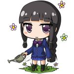  1girl alternate_costume black_hair blazer bow braid carillus chibi flower holding kantai_collection kitakami_(kantai_collection) looking_at_viewer love_live!_school_idol_project plaid plaid_skirt pleated_skirt school_uniform simple_background single_braid skirt solo violet_eyes watering_can white_background 