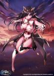  1girl bare_arms bent_knees black_hair boots breasts cape cleavage clouds gloves green_eyes hair_over_one_eye kneehighs long_hair looking_at_viewer original parted_lips petals pointy_ears shuen sky solo sunset sword unleashed weapon 