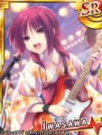  1girl angel_beats! card_(medium) guitar instrument iwasawa japanese_clothes kimono microphone microphone_stand red_eyes redhead satomi_yoshitaka short_hair singing yukata 