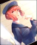 1girl beret bust dutch_angle finger_to_mouth flying_sweatdrops hat heart highres kantai_collection long_sleeves looking_at_viewer looking_to_the_side neckerchief open_mouth orange_eyes redhead sailor_collar sailor_shirt shishamo_(masato_k) short_hair smile solo z3_max_schultz_(kantai_collection) 