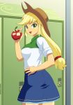  apple applejack bangs blonde_hair cowboy_hat food freckles fruit green_eyes hat highres holding jiyuuyuu locker looking_at_viewer my_little_pony my_little_pony_friendship_is_magic open_mouth payot personification ponytail smile 