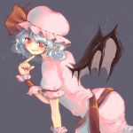  1girl bat_wings blue_hair bow fang grey_background hat hat_bow pointy_ears red_eyes remilia_scarlet solo touhou umi02 wings wrist_cuffs 