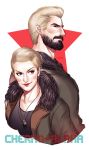  1boy 1girl aleksis_kaidanovsky beard blonde_hair dog_tags facial_hair kanapy pacific_rim sasha_kaidanovsky short_hair star 